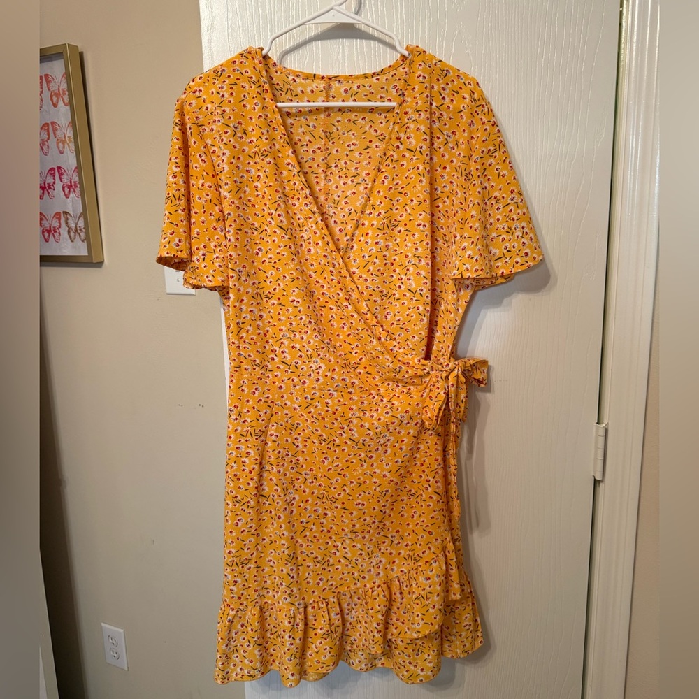 Yellow Floral Wrap Dress with Ruffle Hem